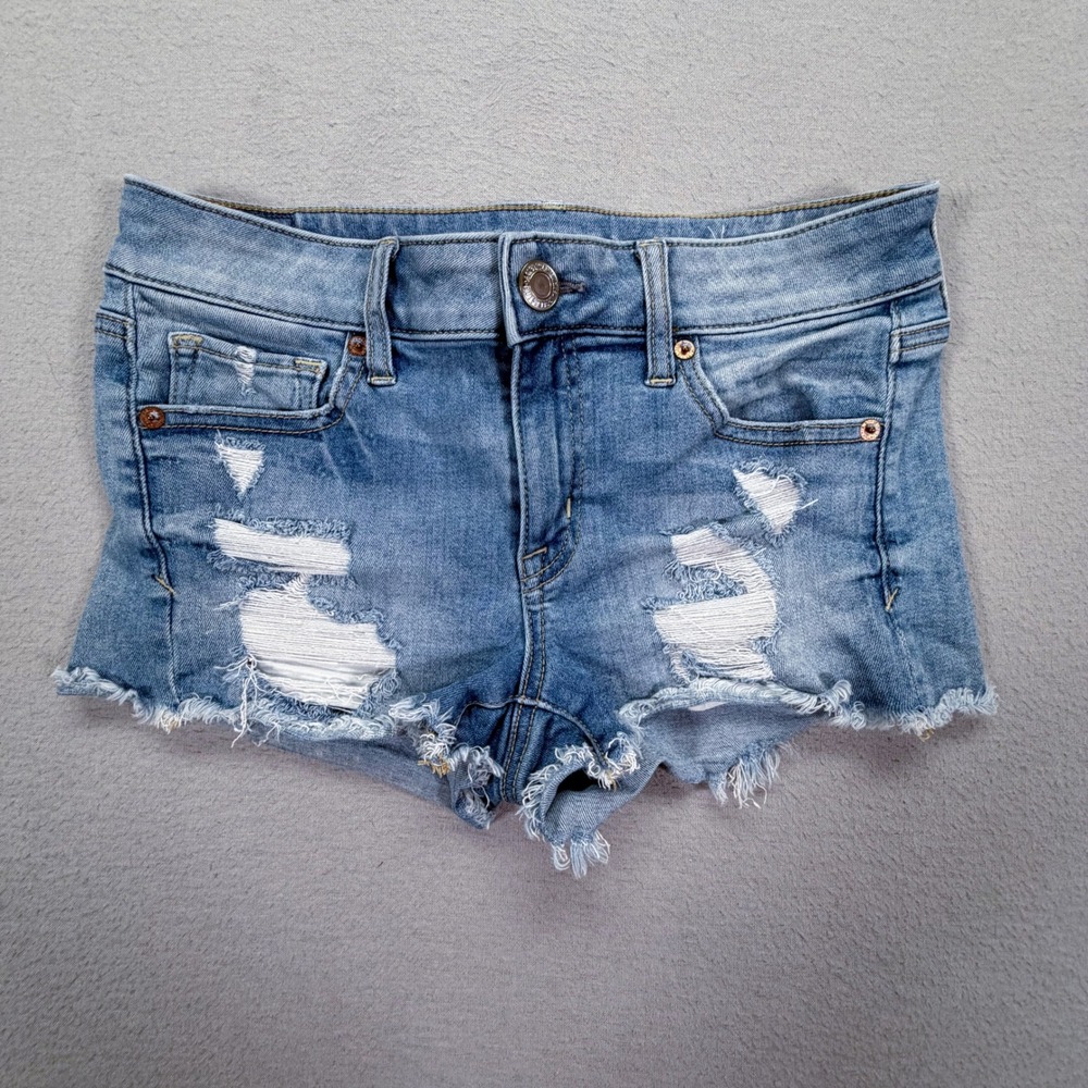 American Eagle Women Shorts Low Rise Blue Distressed Denim Shortie Size 4